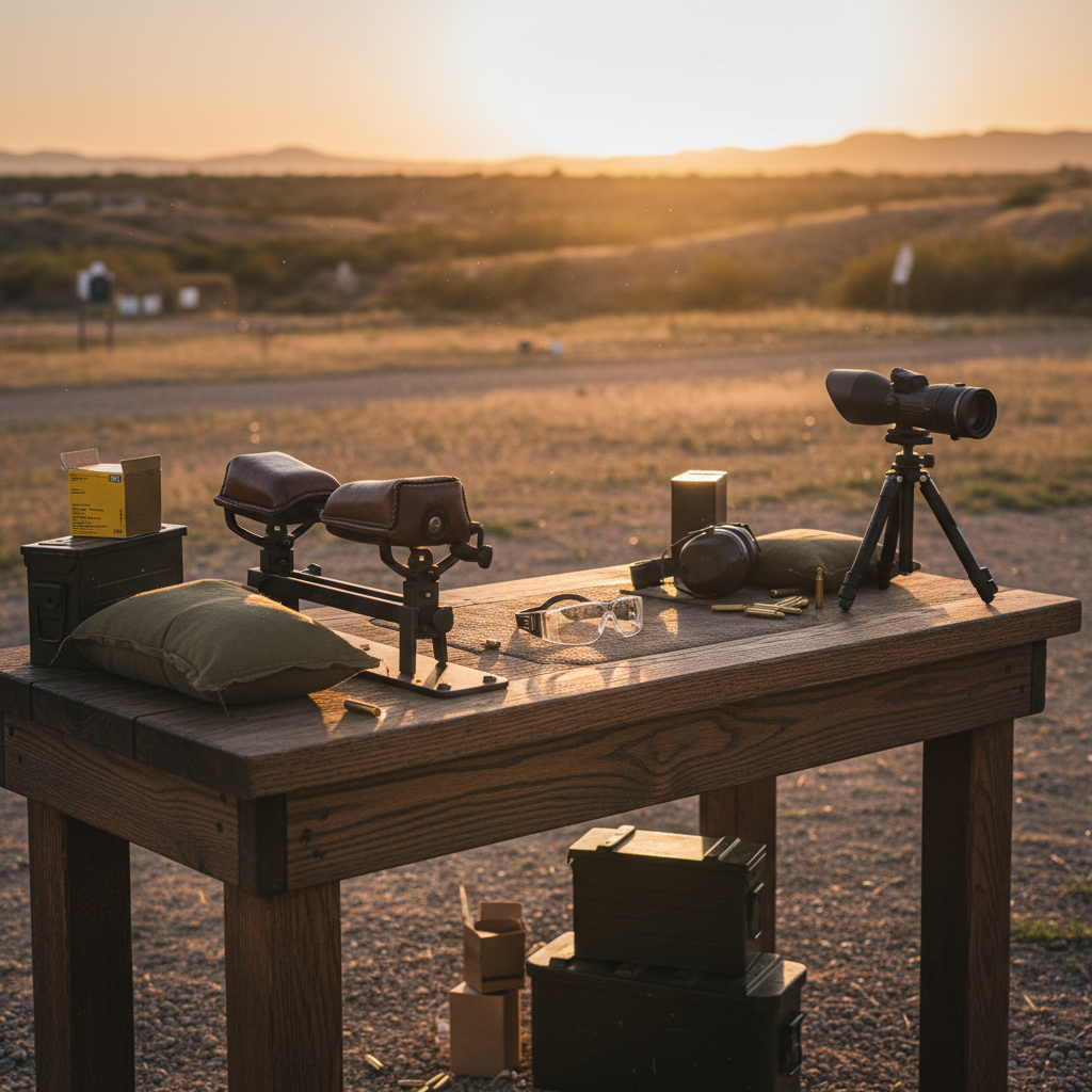 Shooting bench with rest, sandbags, and range accessories