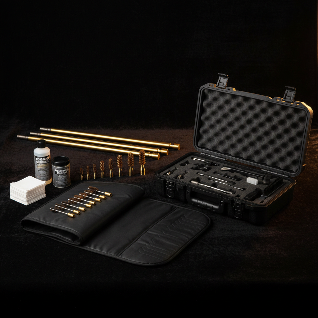 Premium gun cleaning kit with brass rods, bore brushes, and carrying case