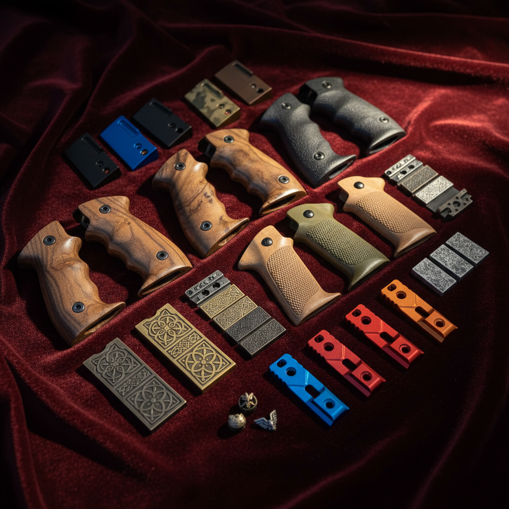 Custom grips, Cerakote samples, and decorative grip panels