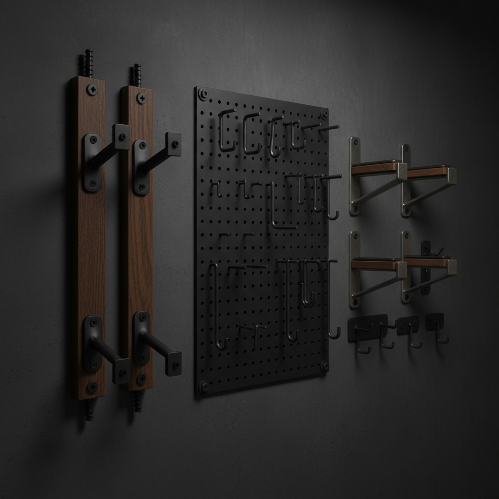 Wall-mounted gun racks and mounting hardware