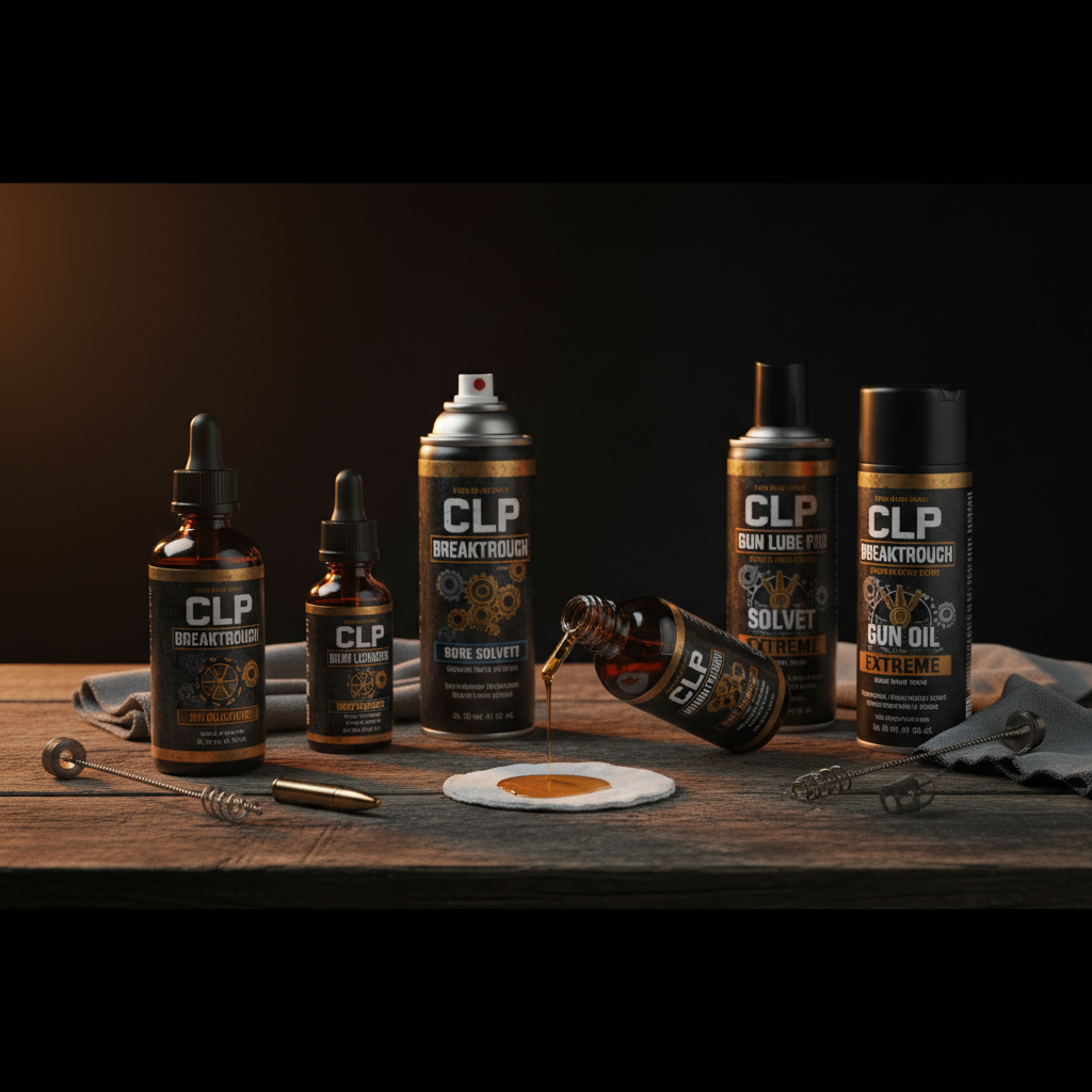 Gun oils, solvents, and lubricants arranged on a dark workbench