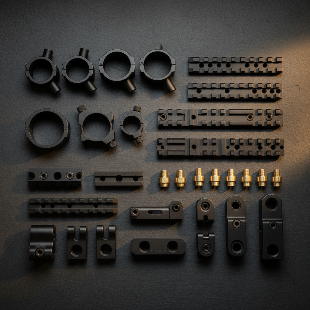 Variety of firearm rail systems and mounting accessories on a workbench