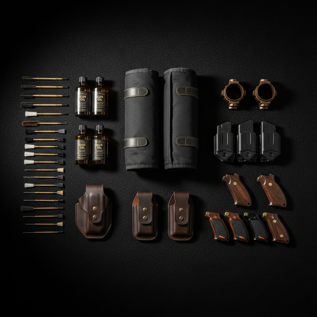 Organized collection of firearm accessories on dark felt