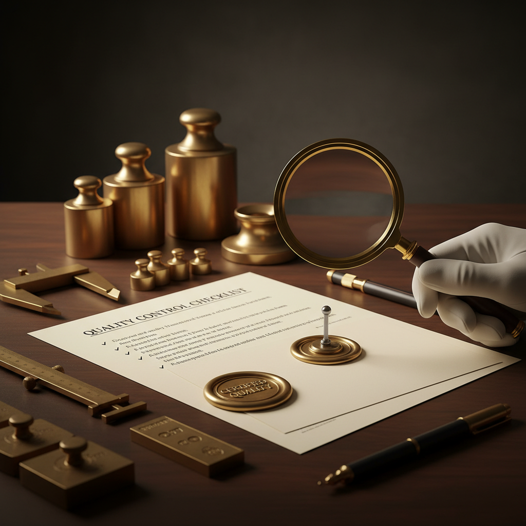 Quality standards desk with checklist and measuring tools