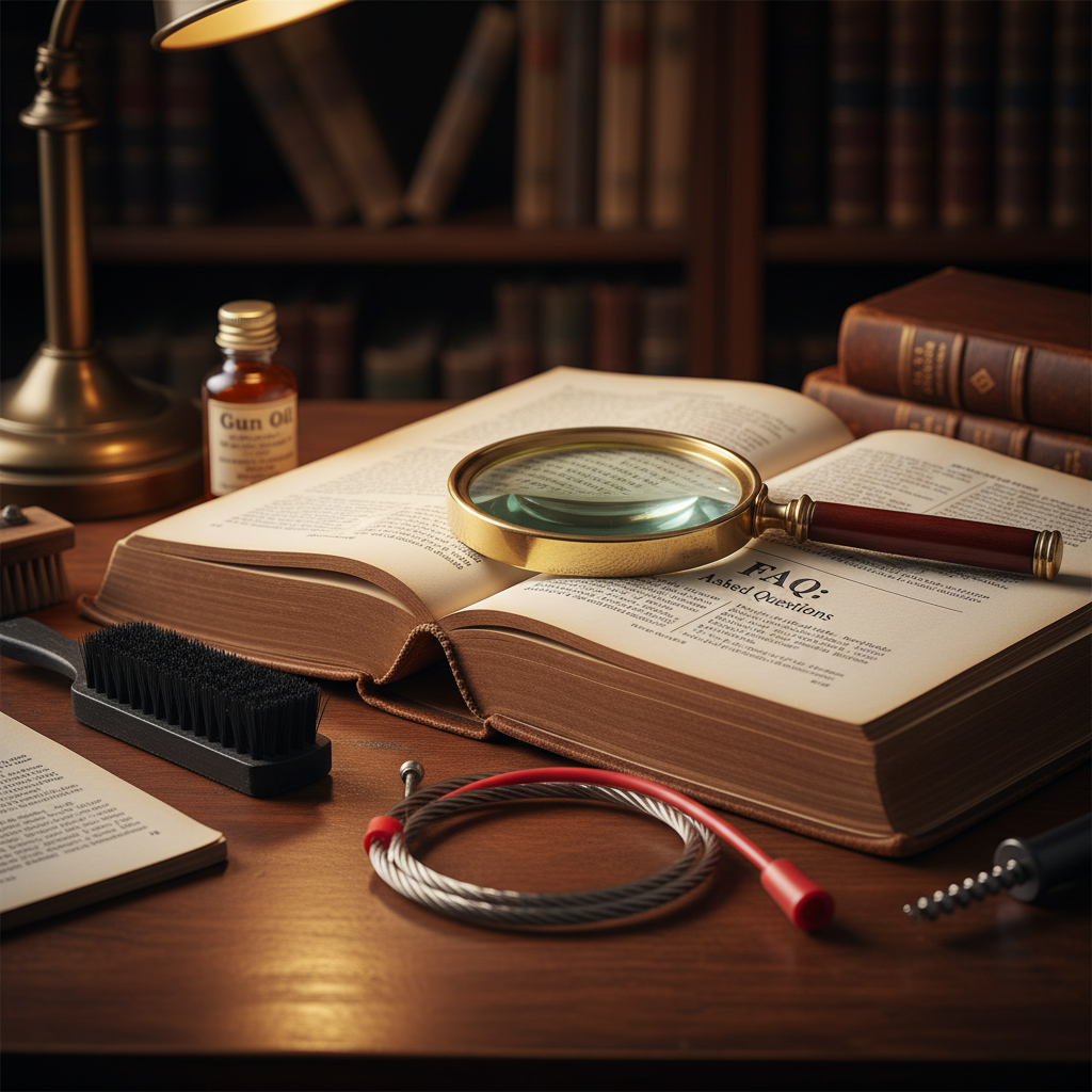Reference book with magnifying glass and firearm accessories