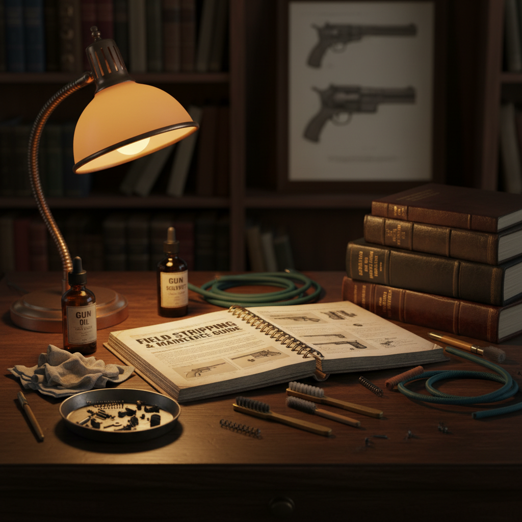 Open instruction manual on a desk with firearm maintenance tools