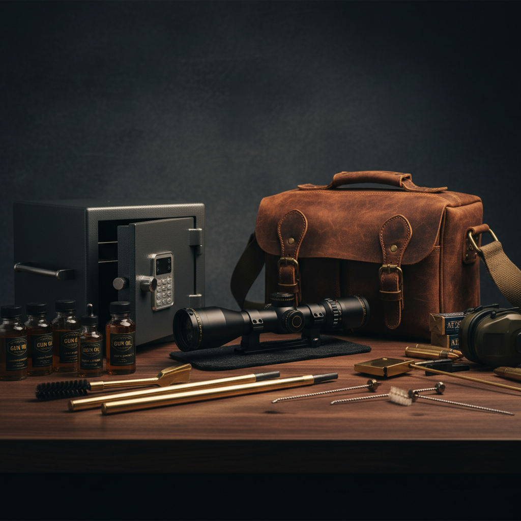 Collection of firearm accessories including cleaning kits, gun oil, safes, and range bags on a dark workbench