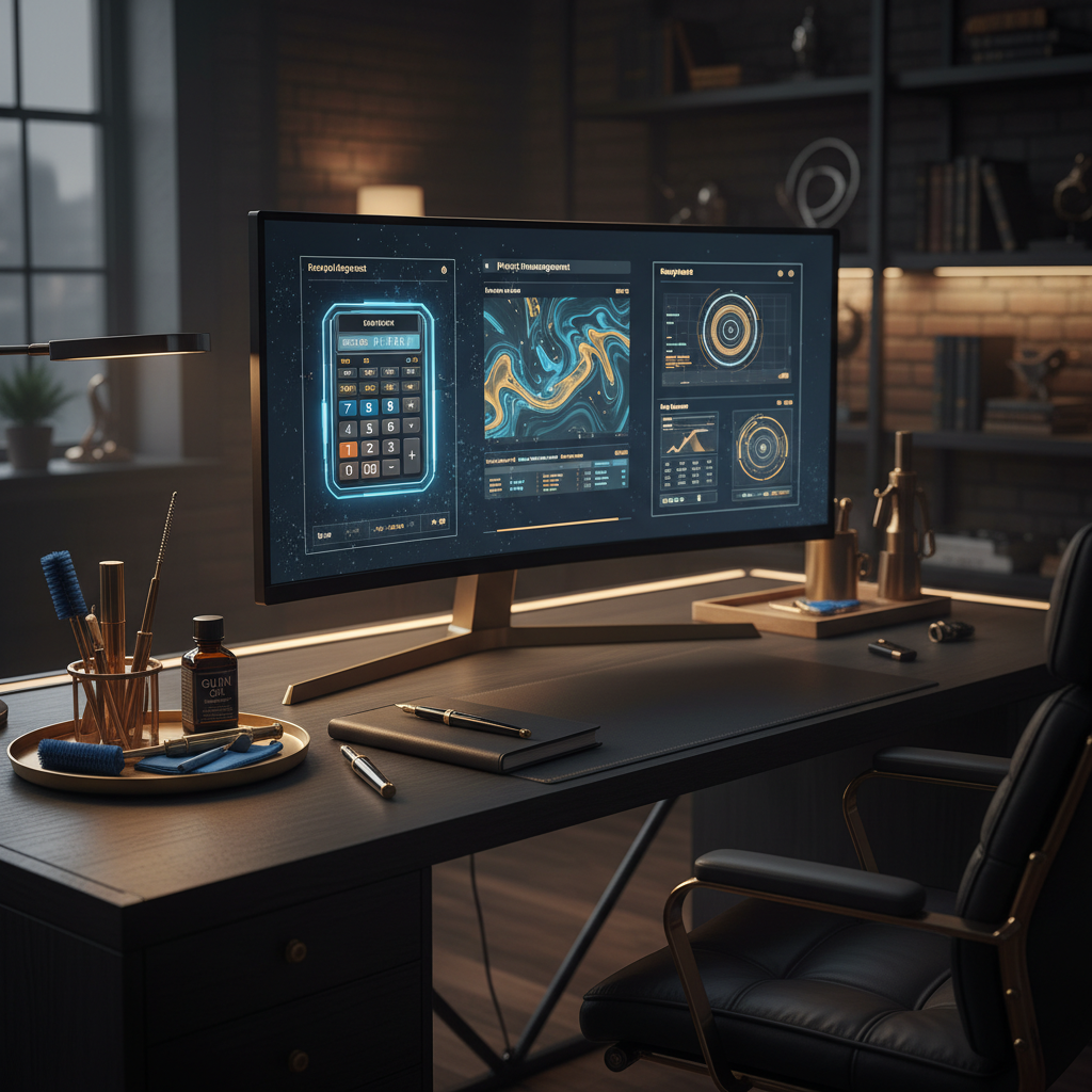 Digital workspace with interactive tools and firearm accessories