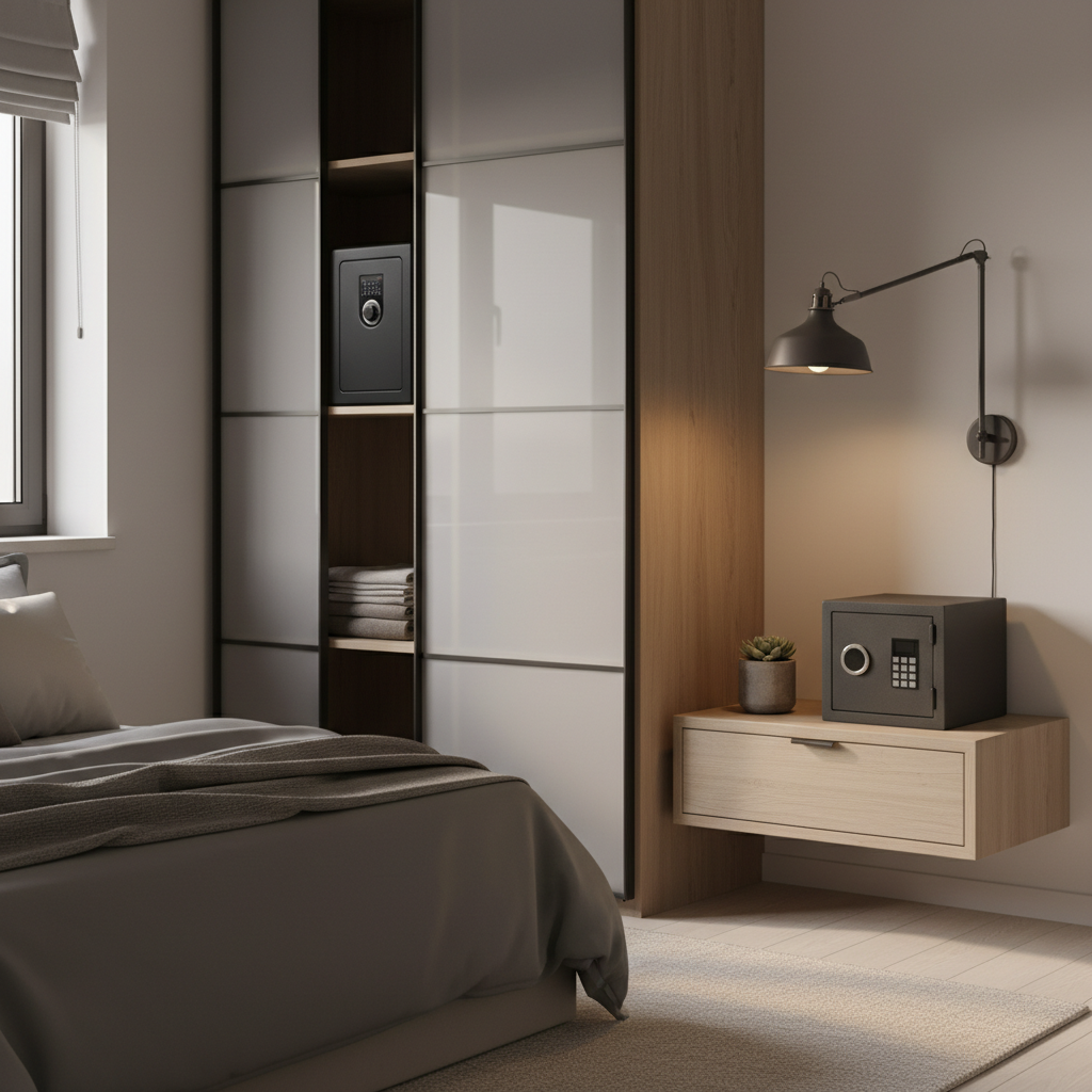 Compact gun safe positioned inside a modern apartment nightstand