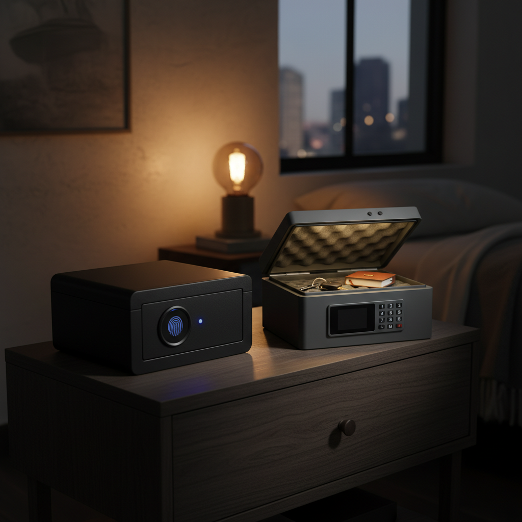 Quick-access gun safes showing various entry methods including biometric and keypad