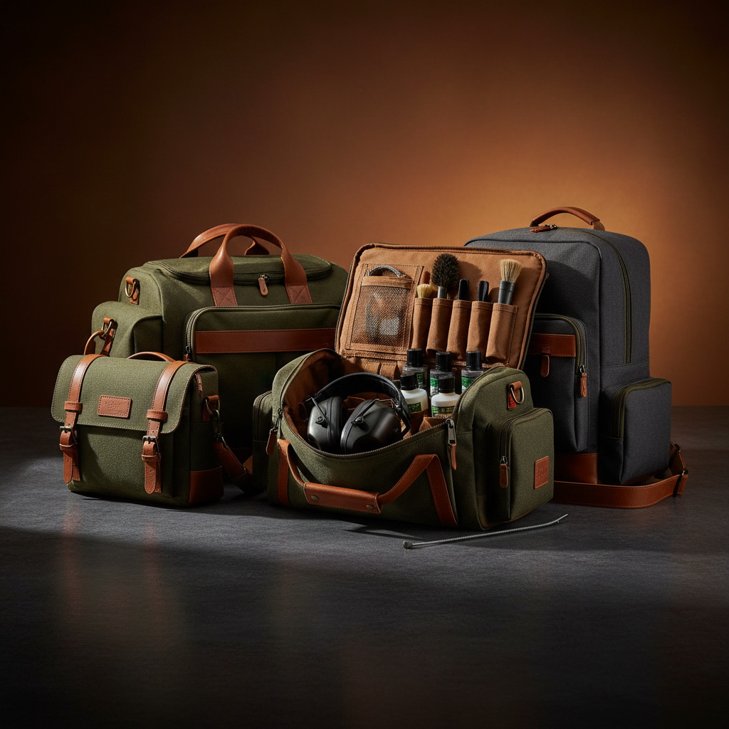 Range bags and gun cases arranged with shooting accessories for comparison