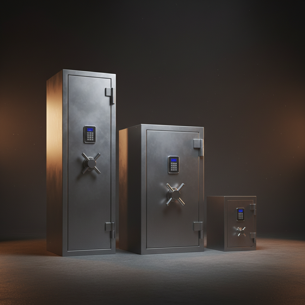 Gun safes in various sizes displayed for comparison