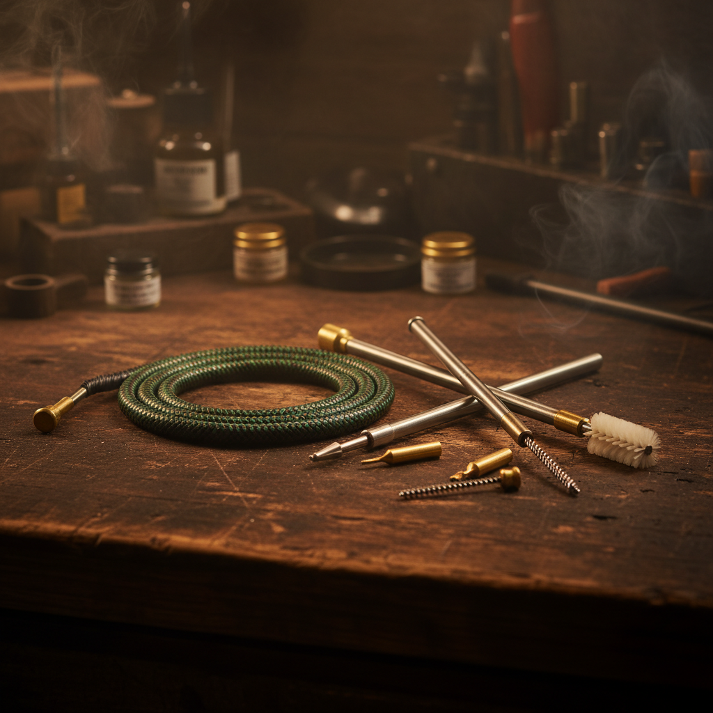 Bore snake and cleaning rod side by side on a workbench