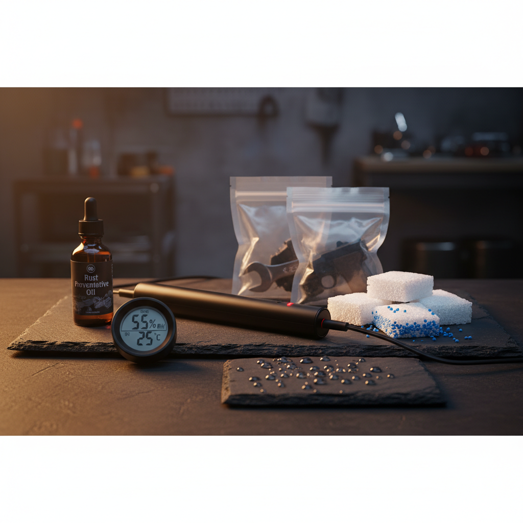 Gun cleaning supplies and dehumidifier arranged near a coastal window with visible humidity